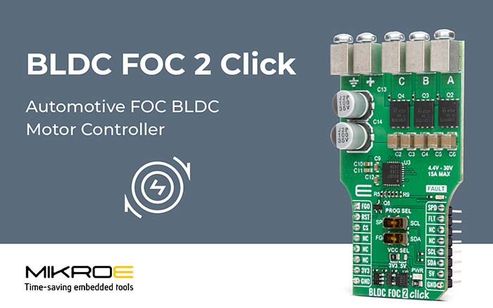 BLDC FOC 2 Click from MIKROE enables control of three-phase brushless DC (BLDC) motors
